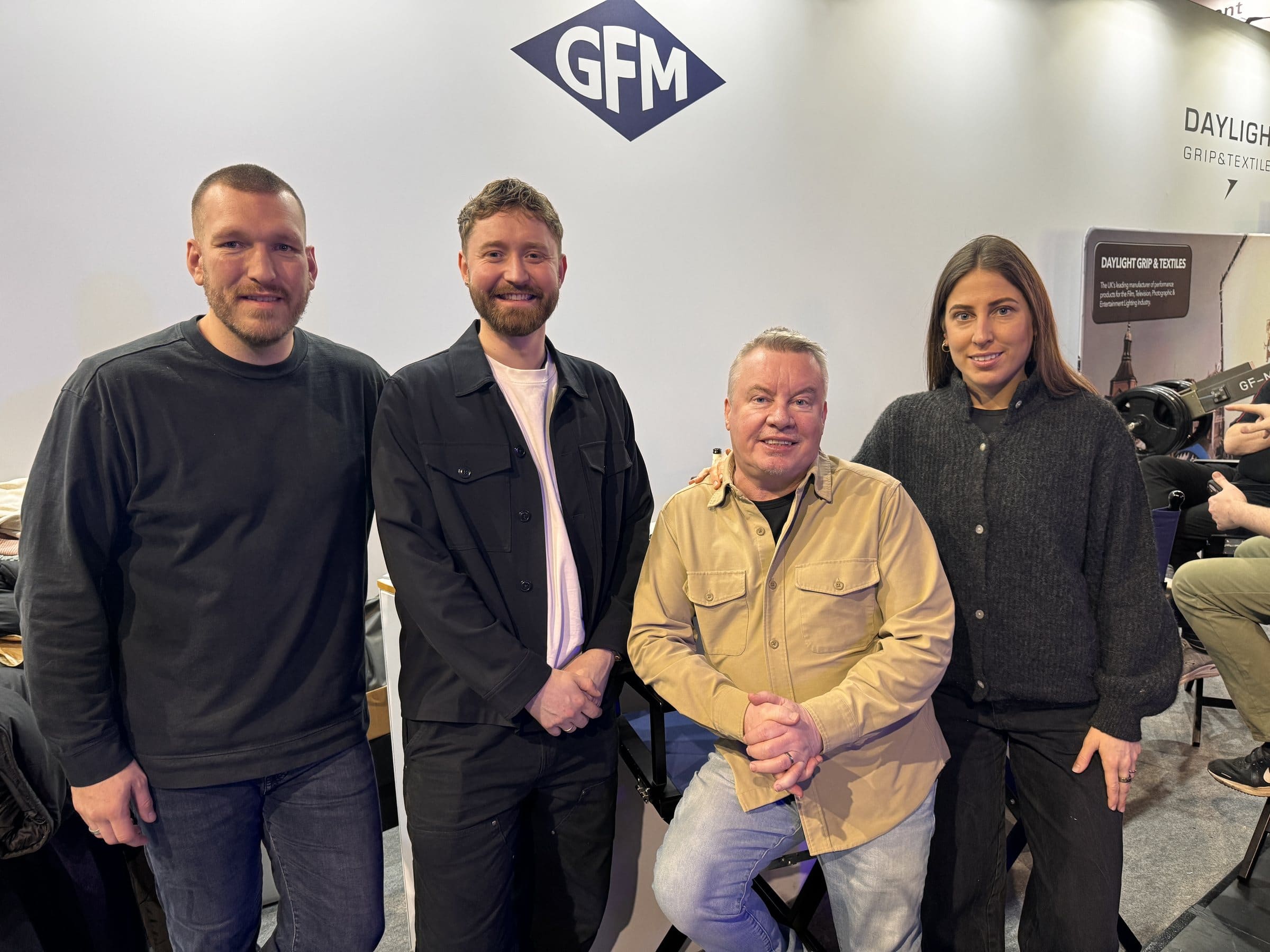 Four members of the Grip Factory Munich team on the stand at BSC Expo 2026, under the GFM logo